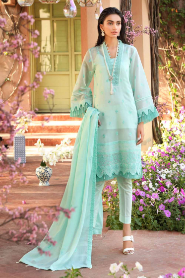 3 PC Unstitched Embroidered Lawn Suit with Cotton Net Dupatta FE-12003